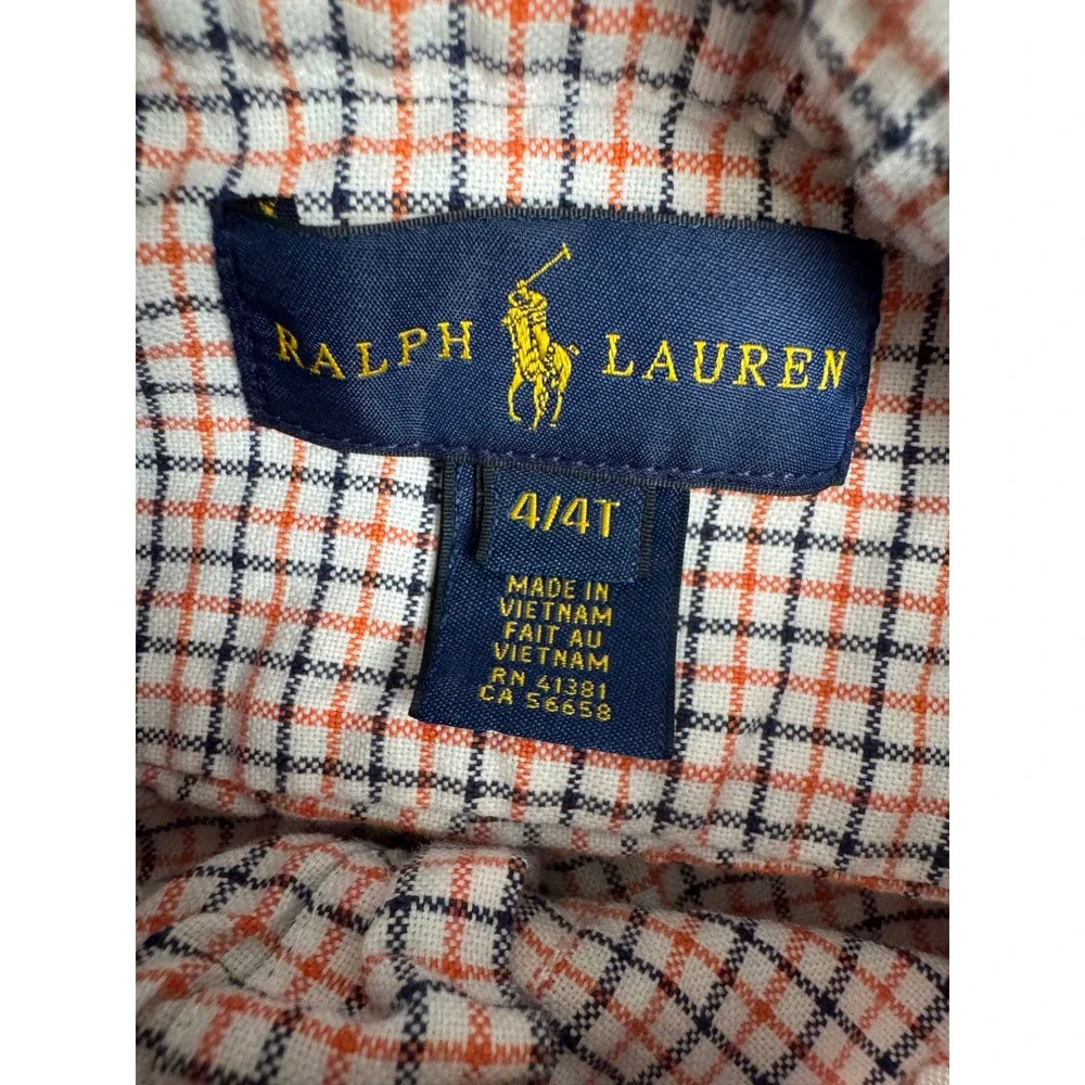 Polo Ralph Lauren Boys Plaid Button Down Shirt Long Sleeve Orange Navy Size 4‎